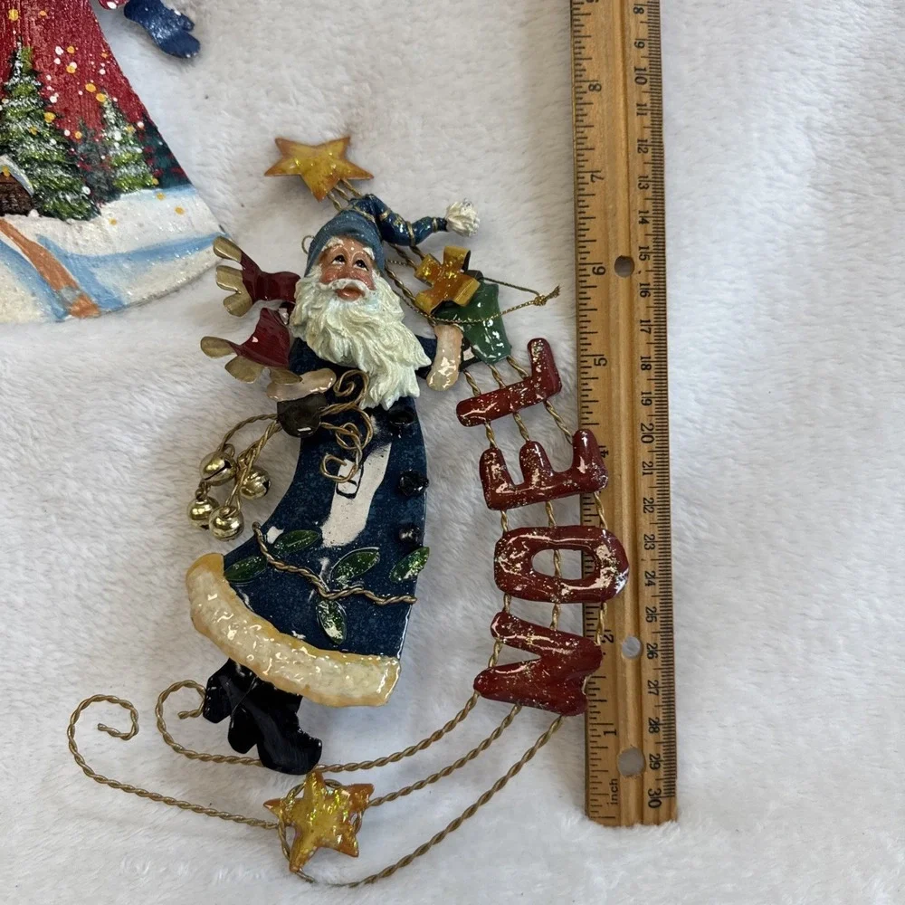 Set of 3 Vintage Style Santa Claus Christmas Ornaments Peace Noel Metal Folk Art